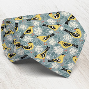 Goldfinch and Rhododendron Bird Flower Block Print Neck Tie