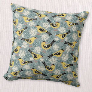 Goldfinch and Rhododendron Bird Flower Block Print Throw Pillow