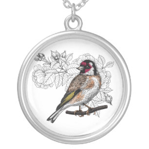 Goldfinch and roses silver plated necklace