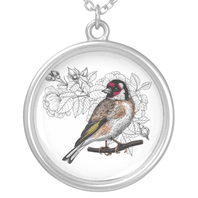 Goldfinch and roses silver plated necklace (Front)