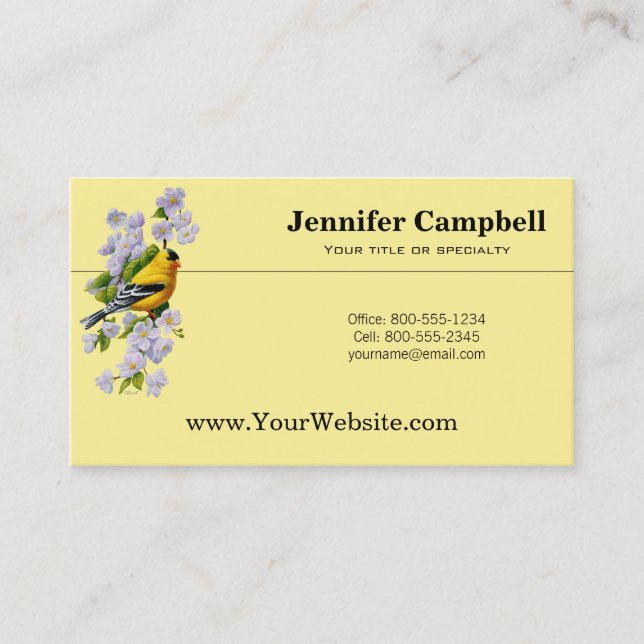 Goldfinch and White Apple Blossoms Business Card (Front)