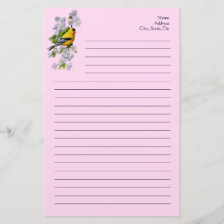 Goldfinch Bird and Blossoms Pink Stationery