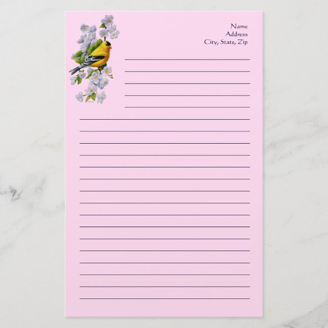 Goldfinch Bird and Blossoms Pink Stationery (Front)