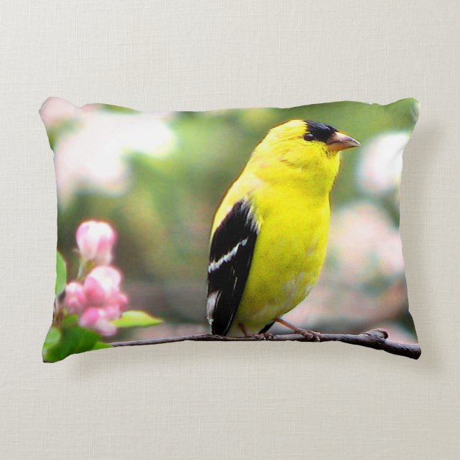 Goldfinch Bird and Pink Flowers Accent Pillow