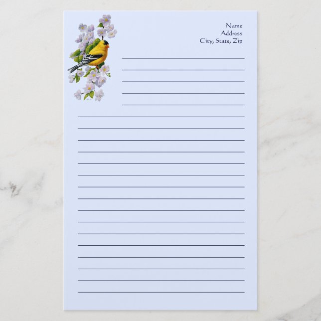 Goldfinch Bird & Apple Blossoms Blue Stationery (Front)