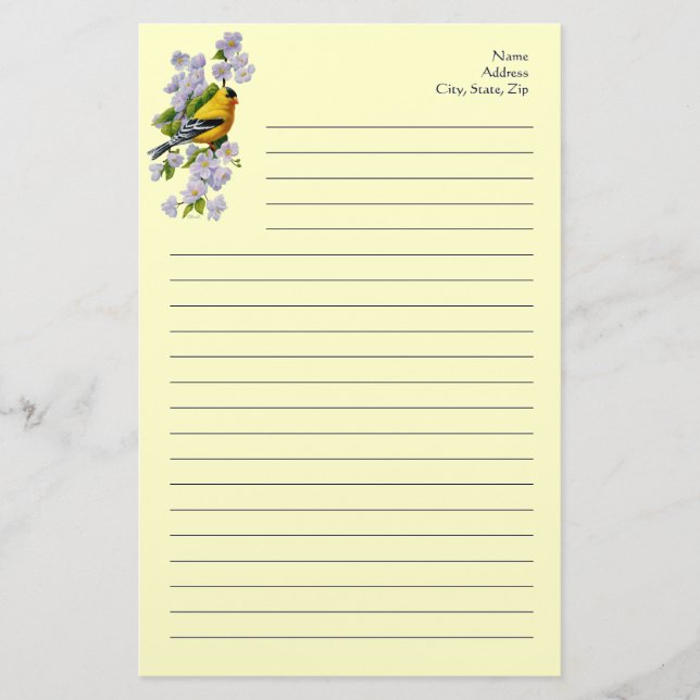 Goldfinch Bird & Apple Blossoms Yellow Stationery (Front)