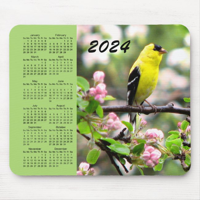 Goldfinch Bird Pink Flowers 2024 Calendar Mousepad