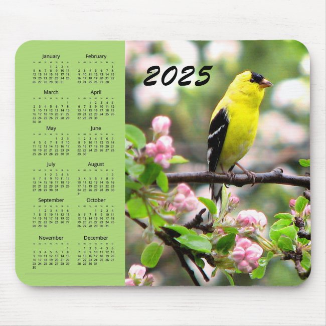 Goldfinch Bird Pink Flowers 2025 Calendar Mousepad