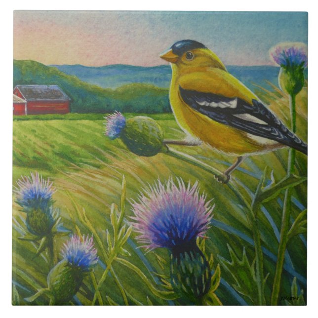 Goldfinch Bird Thistles Summer Farm Watercolor Art Ceramic Tile (Front)