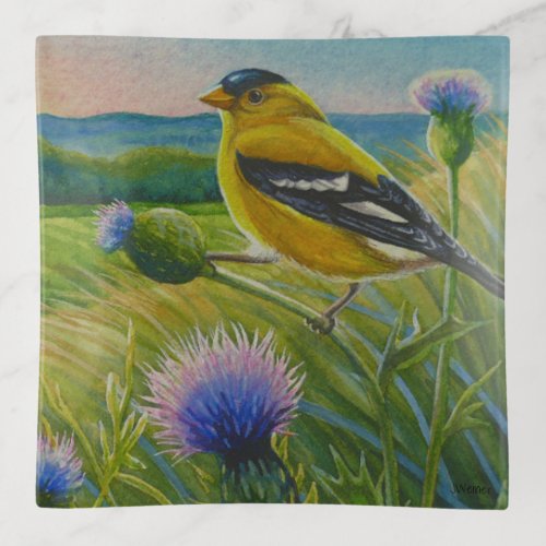 Goldfinch Bird Thistles Summer Farm Watercolor Art Trinket Tray