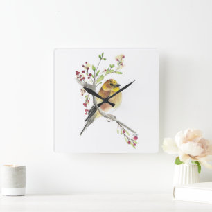 Goldfinch Bird Watercolor Art Square Wall Clock
