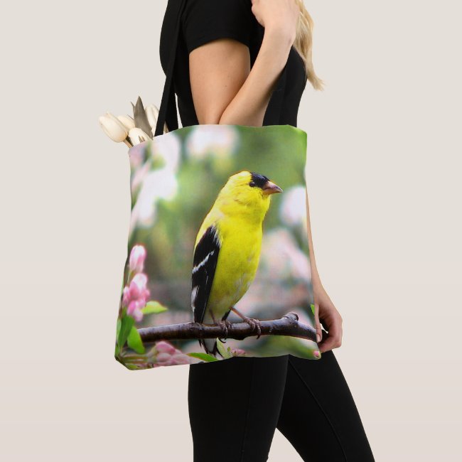 Goldfinch Bird with Apple Tree Flowers Tote Bag