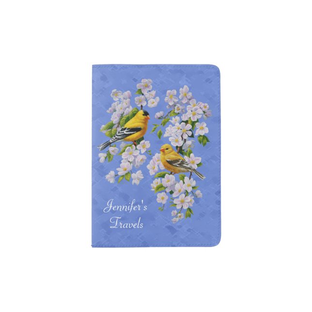 Goldfinch Birds and Flowers Blue Passport Holder (Front)