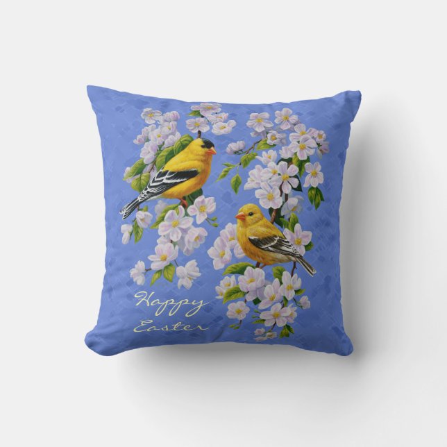 Goldfinch Birds and Flowers Blue Throw Pillow (Front)