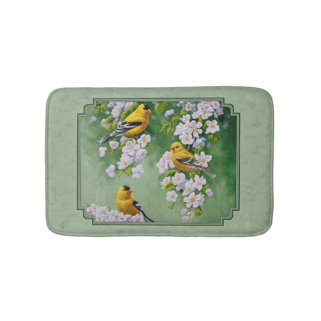 Goldfinch Birds and Flowers Green Bathroom Mat (Front)
