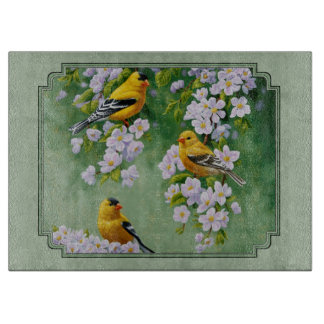 Goldfinch Birds and Flowers Green Cutting Board