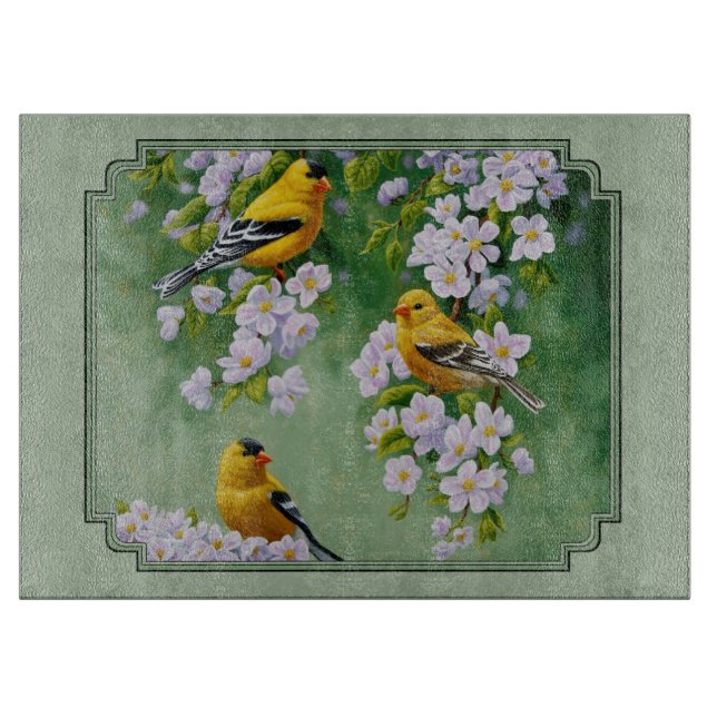 Goldfinch Birds and Flowers Green Cutting Board (Front)