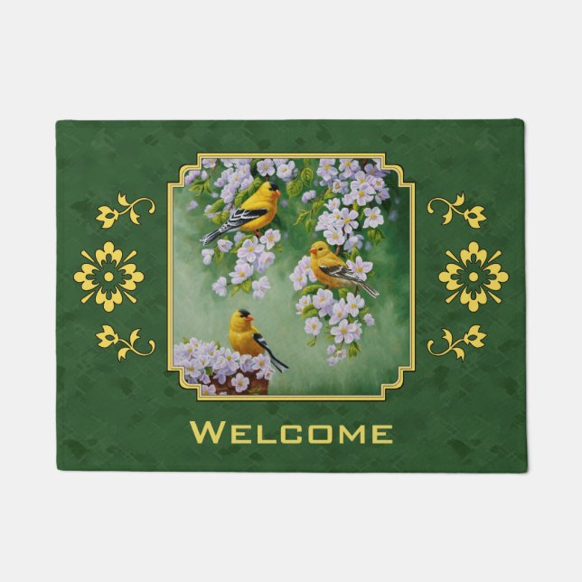 Goldfinch Birds and Flowers Green Doormat (Front)