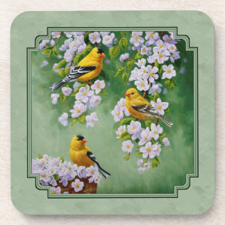 Goldfinch Birds and Flowers Green Drink Coaster