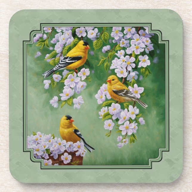 Goldfinch Birds and Flowers Green Drink Coaster (Front)