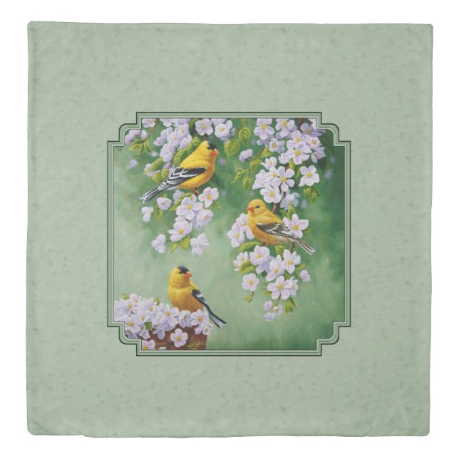 Goldfinch Birds and Flowers Green Duvet Cover (Front)