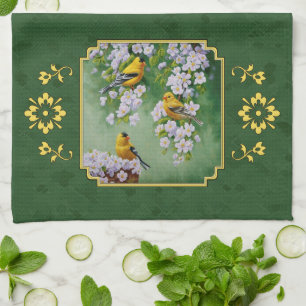 Goldfinch Birds and Flowers Green Kitchen Towel