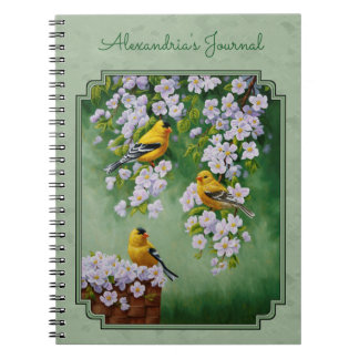Goldfinch Birds and Flowers Green Notebook