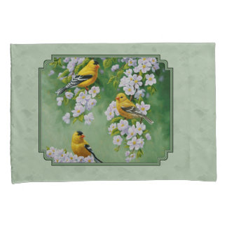Goldfinch Birds and Flowers Green Pillowcase