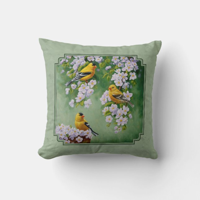 Goldfinch Birds and Flowers Green Throw Pillow (Front)
