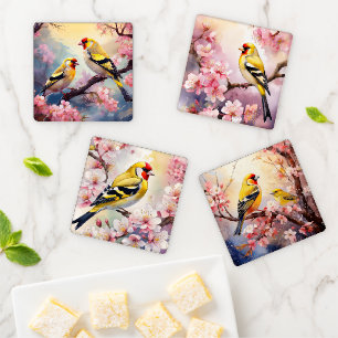 Goldfinch Birds and Pink Cherry Blossoms Coaster Set