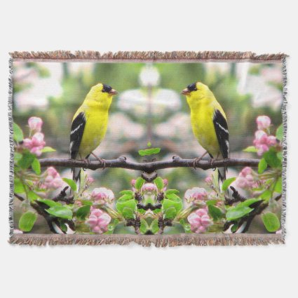 Goldfinch Birds and Pink Flowers Throw Blanket