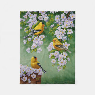 Goldfinch Birds & Apple Blossom Flowers Fleece Blanket
