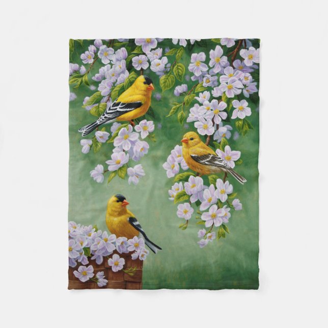 Goldfinch Birds & Apple Blossom Flowers Fleece Blanket (Front)