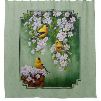 Goldfinch Birds & Apple Blossoms Green Shower Curtain