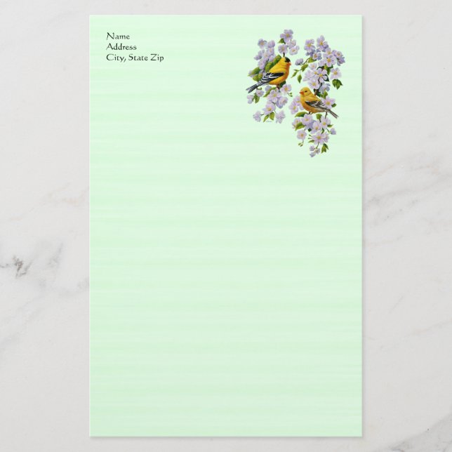 Goldfinch Birds & Apple Blossoms Green Stationery (Front)
