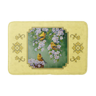 Goldfinch Birds & Apple Blossoms Yellow Bath Mat
