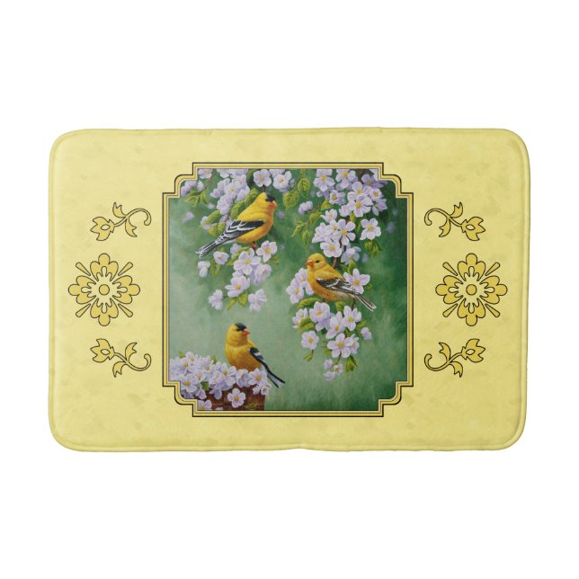 Goldfinch Birds & Apple Blossoms Yellow Bath Mat (Front)