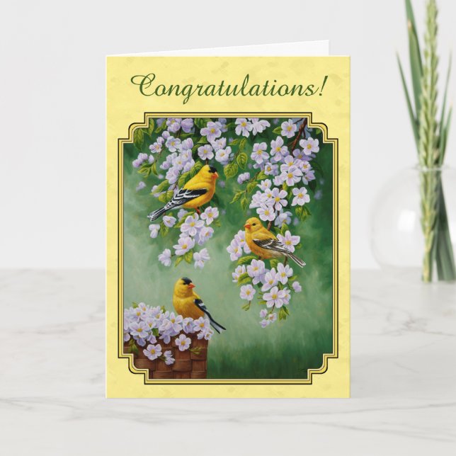 Goldfinch Birds & Apple Blossoms Yellow Card (Front)