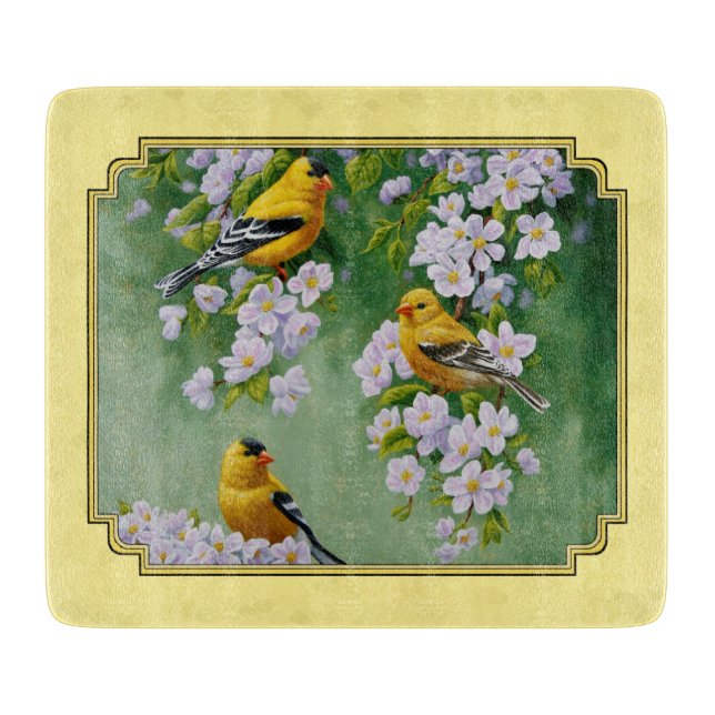 Goldfinch Birds & Apple Blossoms Yellow Cutting Board (Front)