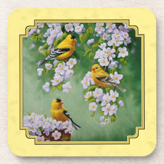 Goldfinch Birds & Apple Blossoms Yellow Drink Coaster