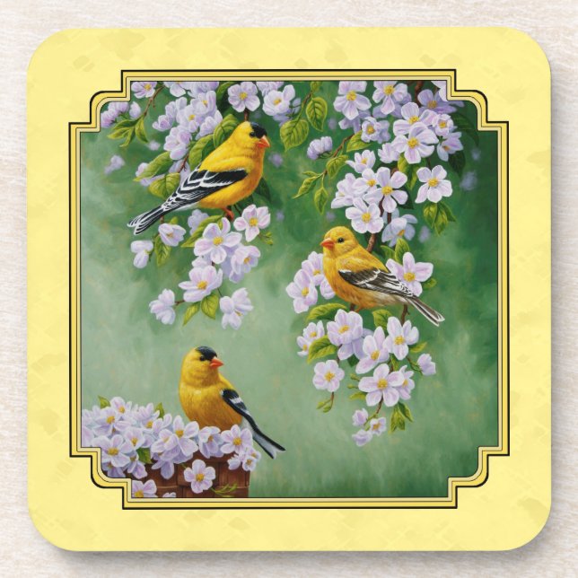 Goldfinch Birds & Apple Blossoms Yellow Drink Coaster (Front)