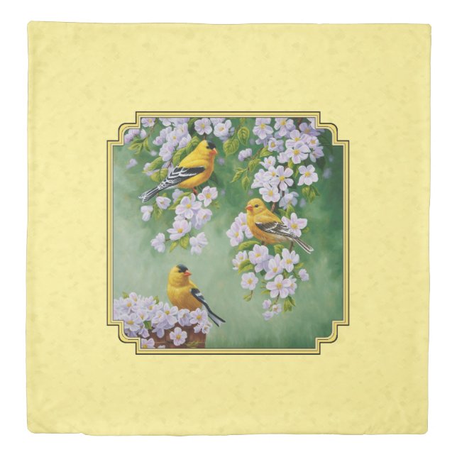 Goldfinch Birds & Apple Blossoms Yellow Duvet Cover (Front)