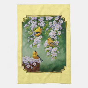 Goldfinch Birds & Apple Blossoms Yellow Kitchen Towel