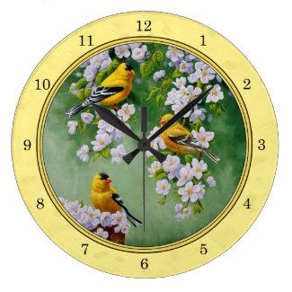 Goldfinch Birds & Apple Blossoms Yellow Large Clock