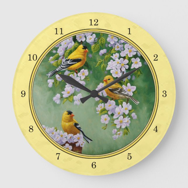 Goldfinch Birds & Apple Blossoms Yellow Large Clock (Front)