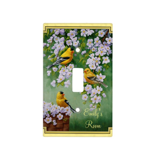 Goldfinch Birds & Apple Blossoms Yellow Light Switch Cover (Front)