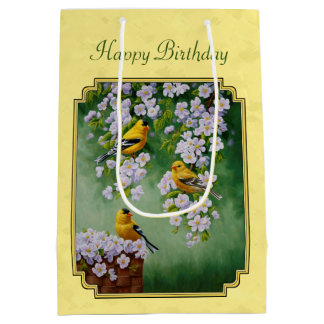 Goldfinch Birds & Apple Blossoms Yellow Medium Gift Bag