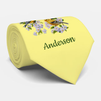 Goldfinch Birds & Apple Blossoms Yellow Neck Tie