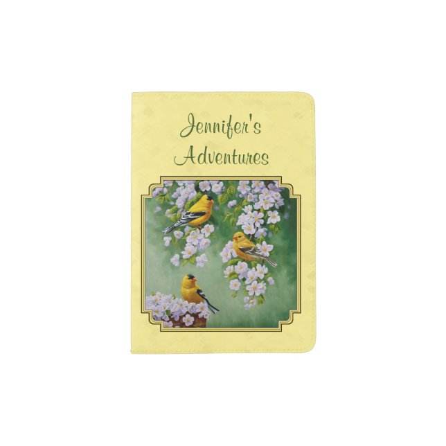 Goldfinch Birds & Apple Blossoms Yellow Passport Holder (Front)