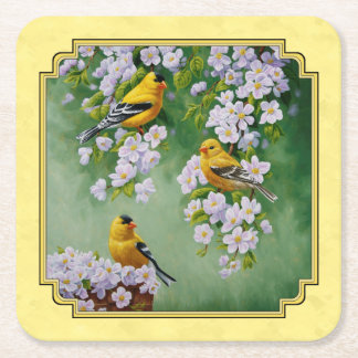 Goldfinch Birds & Apple Blossoms Yellow Square Paper Coaster